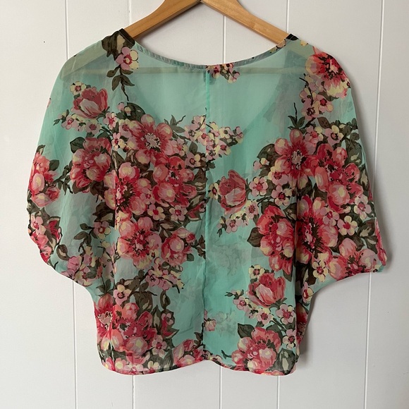 Farm Rio Floral Short Sleeve Blouse Turquoise Teal Flowers Button Pink Top - Picture 11 of 12